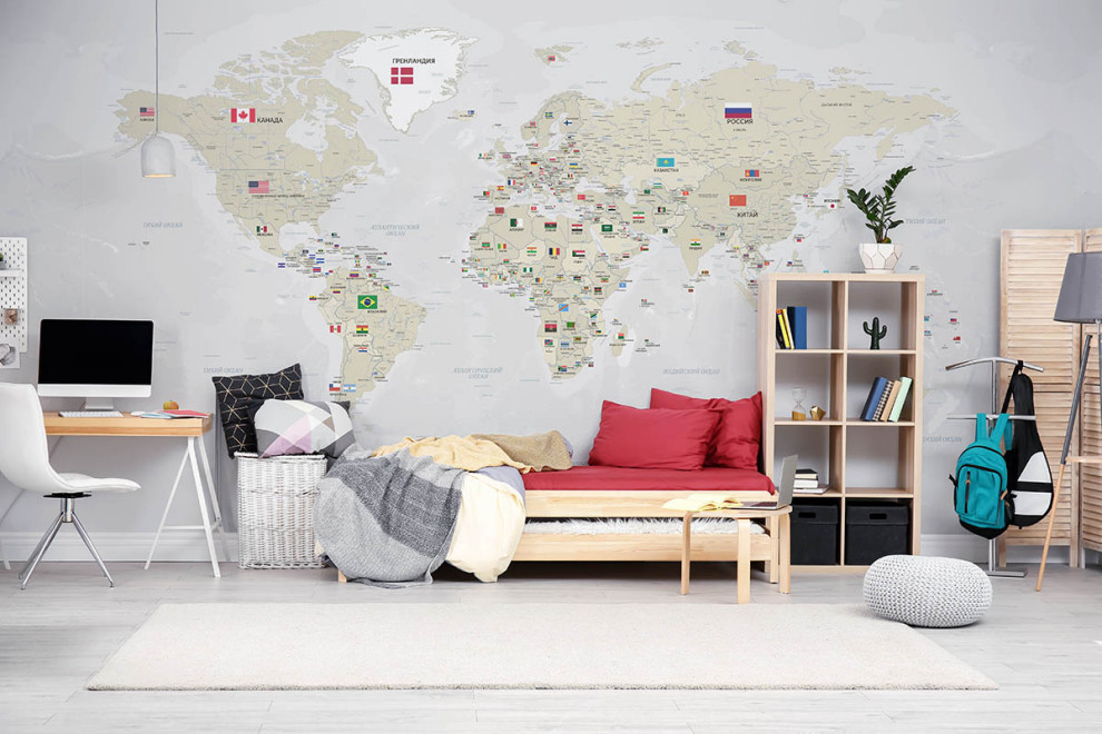 Фотообои Карта мира с флагами государств серая