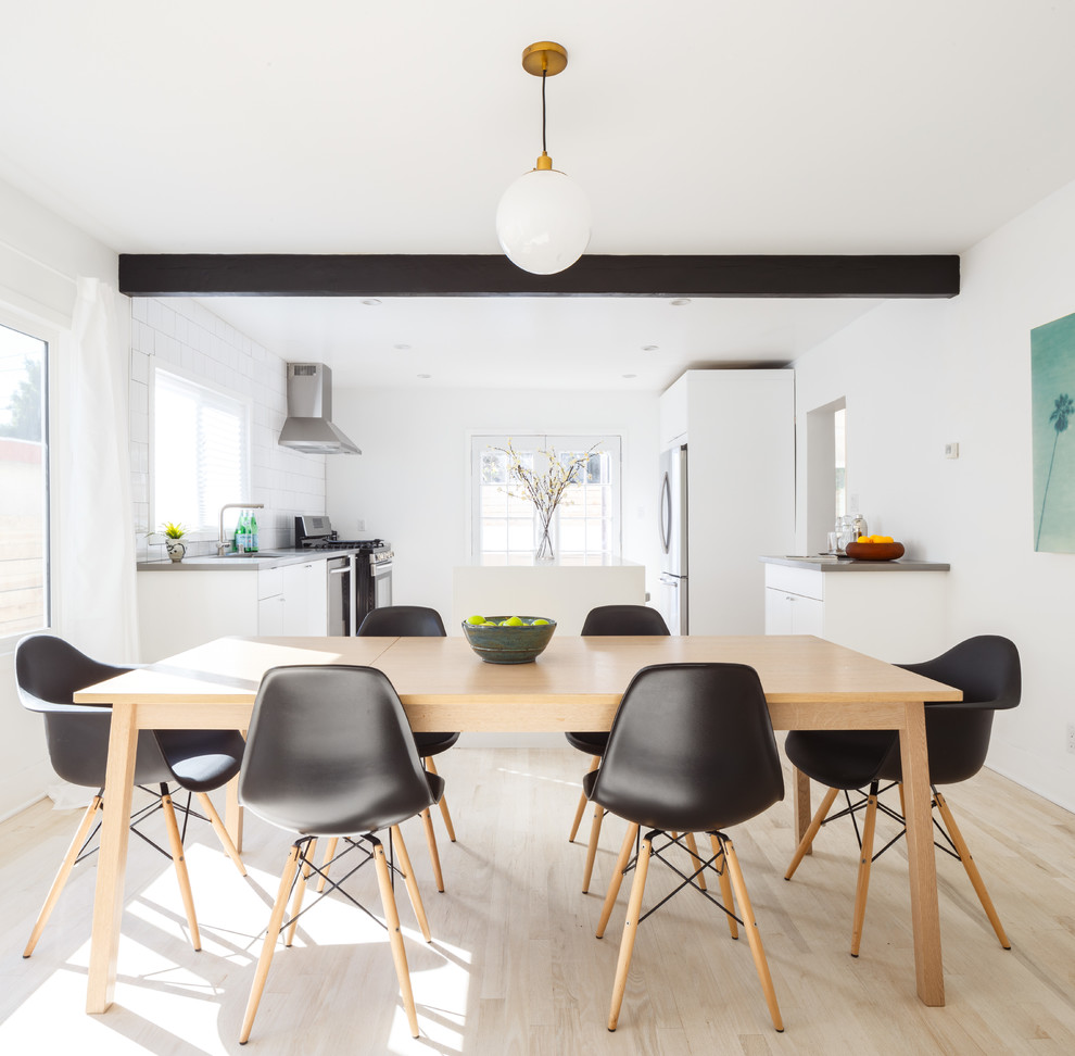 Scandinavian dining room in Los Angeles with white walls, light hardwood floors and no fireplace.