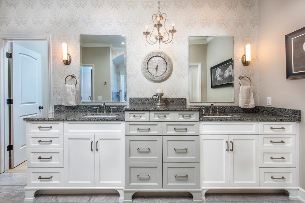 Large transitional master bathroom photo with shaker cabinets and white cabinets