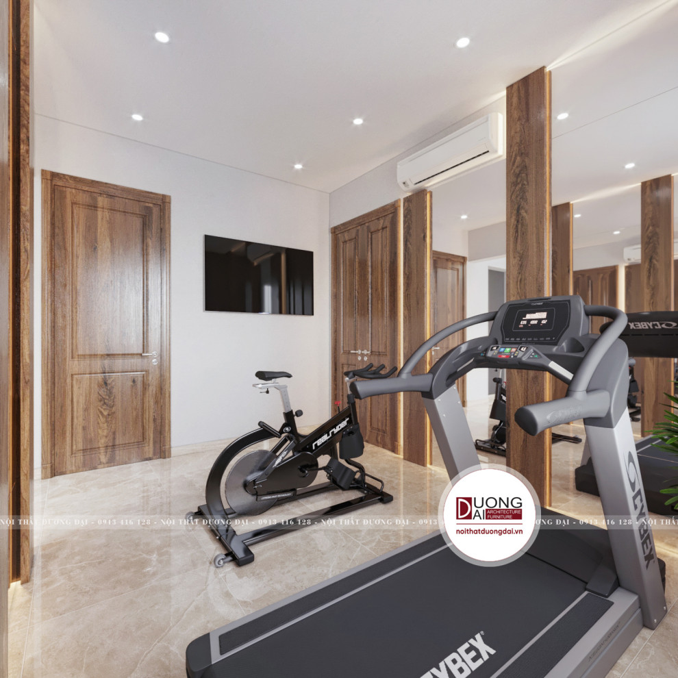 Photo of a large modern home gym in Other with white walls, ceramic flooring and beige floors.