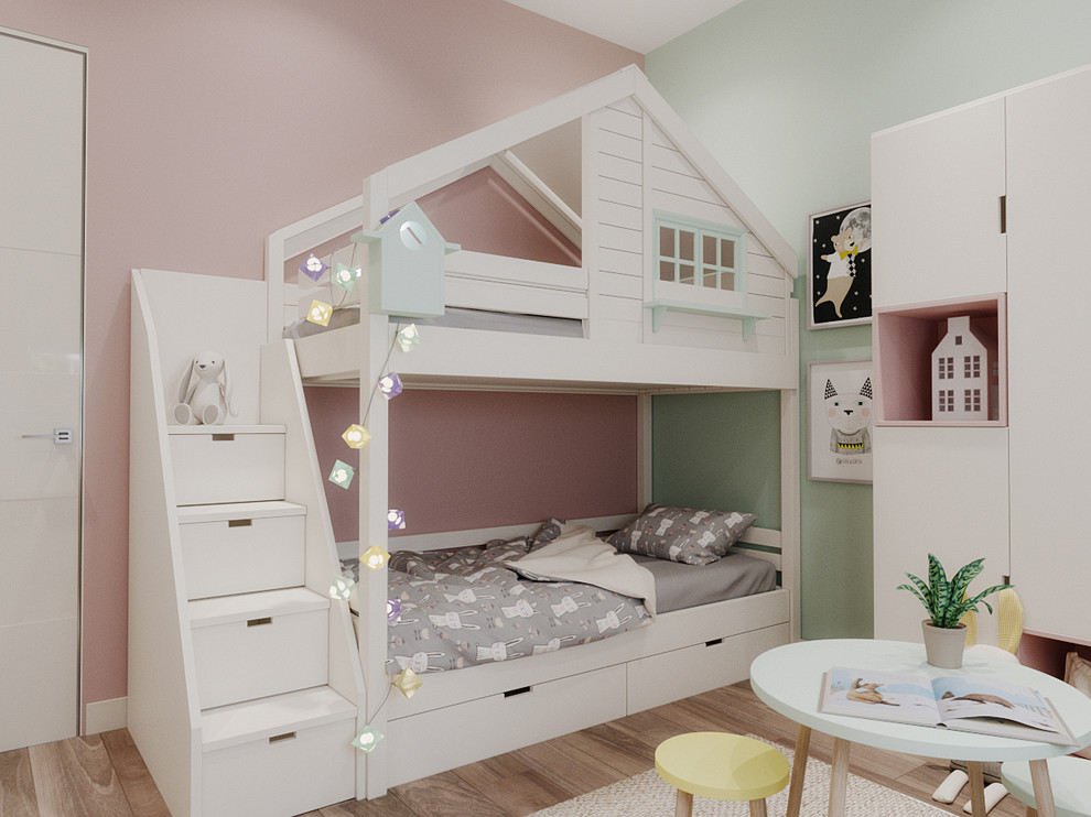 Design ideas for a mid-sized scandinavian kids' bedroom for kids 4-10 years old and girls in Other with pink walls, dark hardwood floors and brown floor.