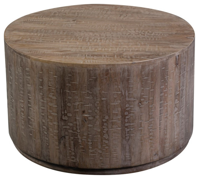 Drum Mango Wood Round Coffee Table Gray Wash. Rustic Coffee