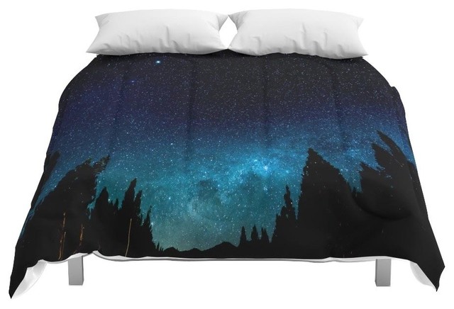 Society6 Black Trees Turquoise Milky Way Stars Comforter