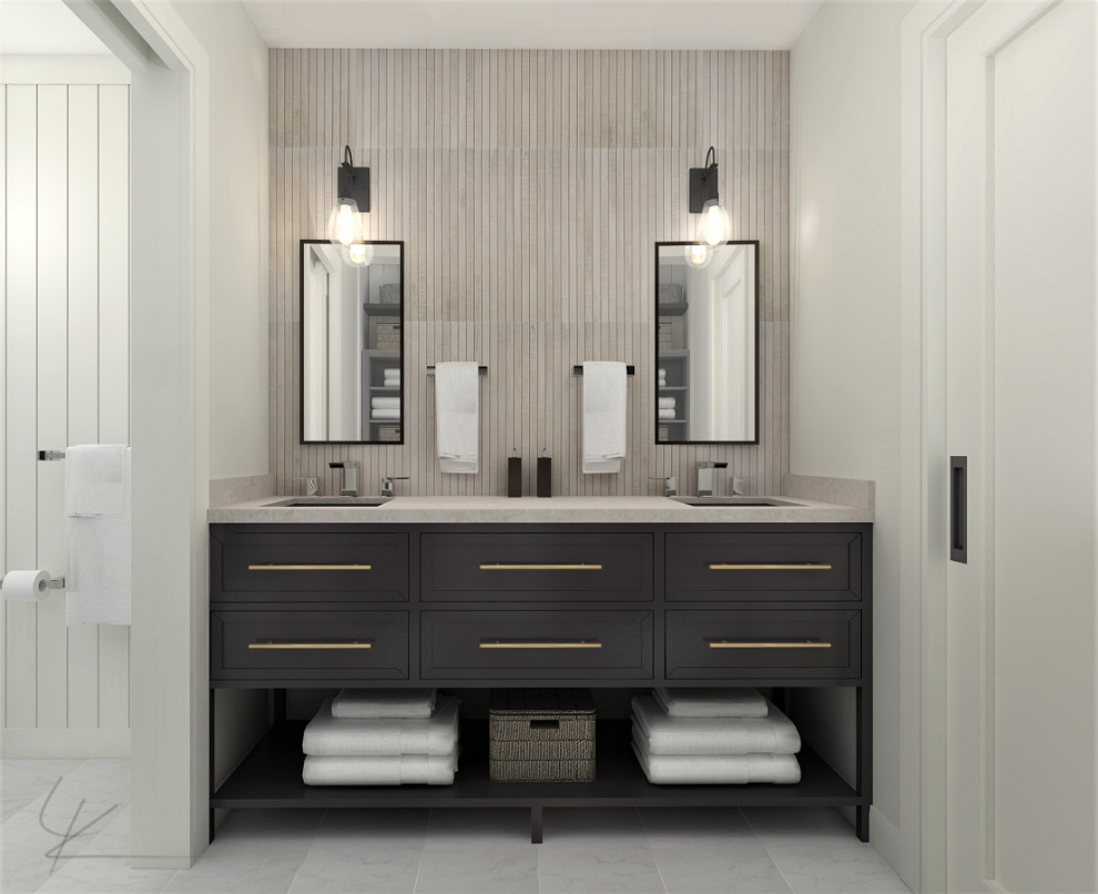 Photo of a medium sized contemporary family bathroom in Toronto with shaker cabinets, dark wood cabinets, an alcove bath, a built-in shower, a two-piece toilet, beige tiles, wood-effect tiles, white walls, porcelain flooring, a submerged sink, marble worktops, white floors, a sliding door, beige worktops, a wall niche, double sinks, a freestanding vanity unit and tongue and groove walls.