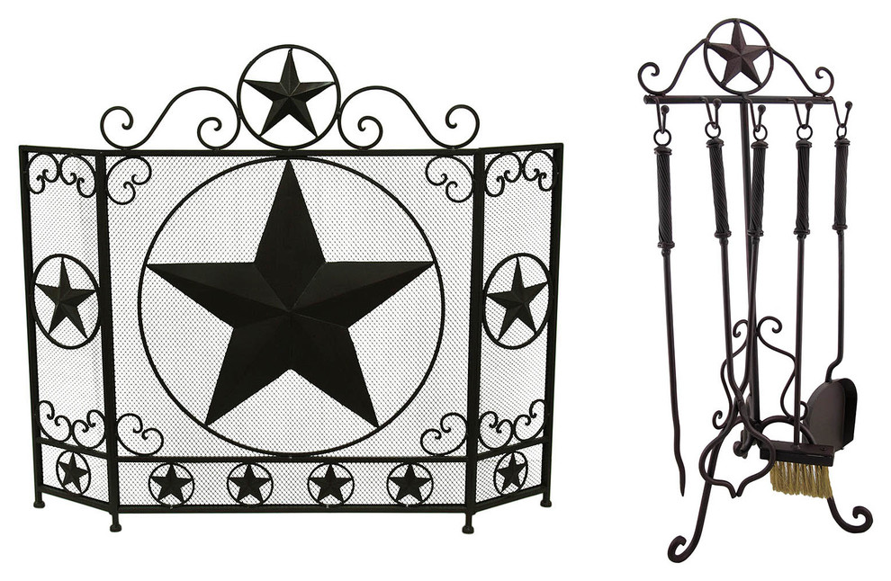Rustic Brown Western Star Metal Fireplace Screen and 5 Piece Tool Set