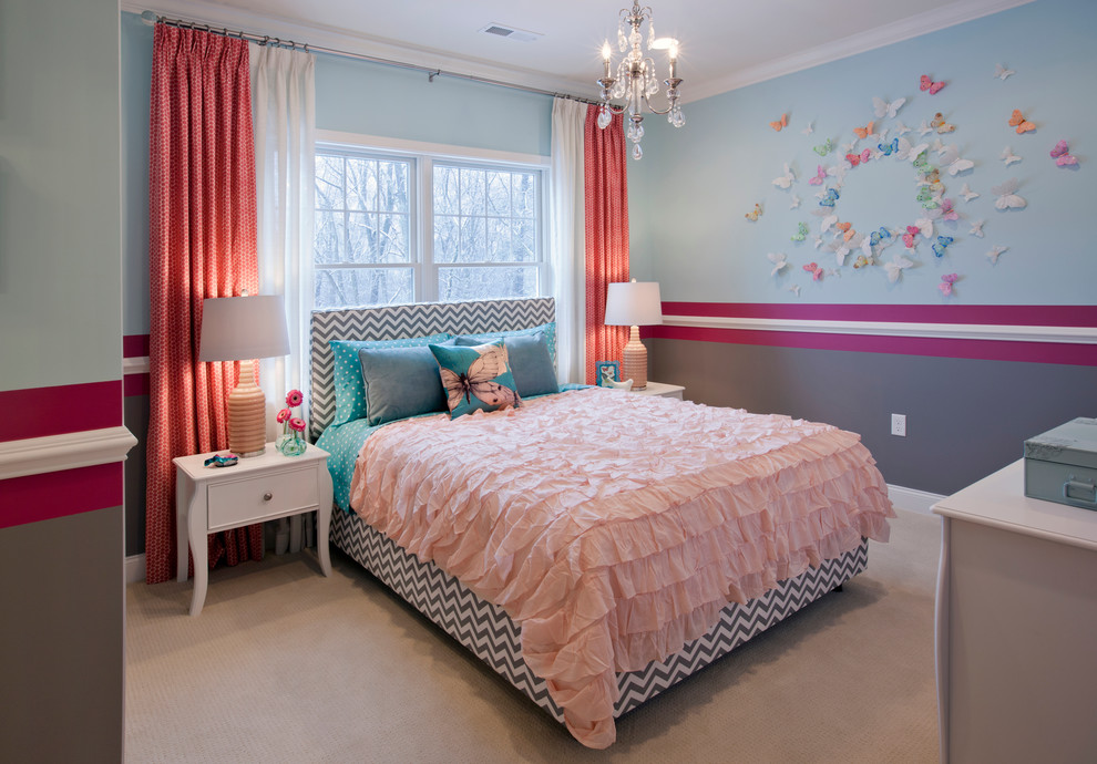 Traditional kids' bedroom in Boston with multi-coloured walls and carpet for girls.