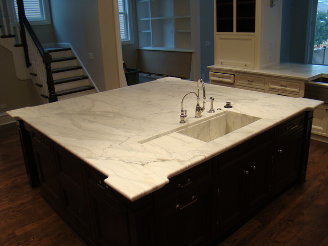 Callacatta Gold Kitchen Island With Custom Sink And Drain