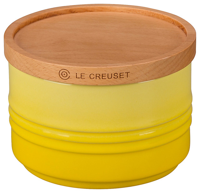 Le Creuset Black Stoneware 12 Oz Canister With Wooden Lid Le Creuset Soleil Stoneware 12 Oz Canister With Wooden Lid Yellow
