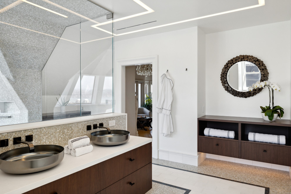 Inspiration for a large traditional bathroom in San Francisco with flat-panel cabinets, dark wood cabinets, a corner shower, beige tile, mosaic tile, marble benchtops, beige floor, a hinged shower door, white benchtops, a niche, a double vanity, a built-in vanity and vaulted.