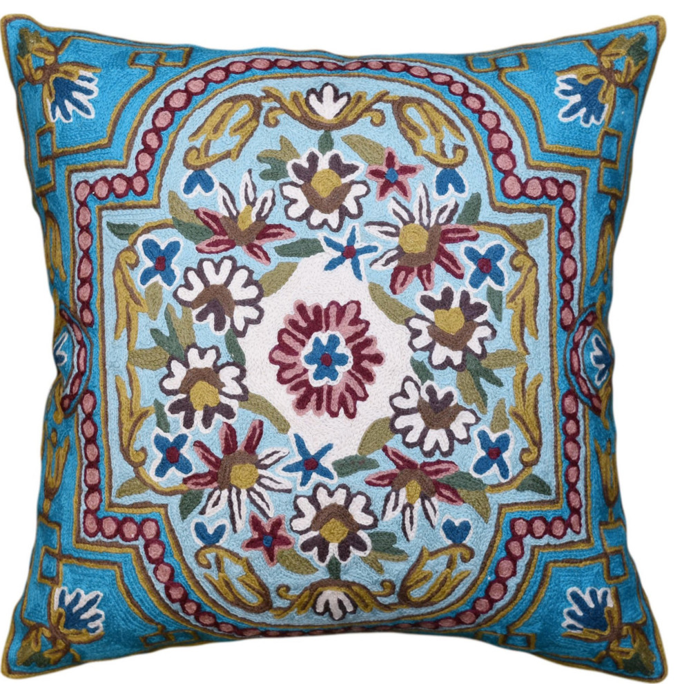 Floral Garden Pillow Cover Bright Turquoise Blue Hand Embroidered Wool 18x18"