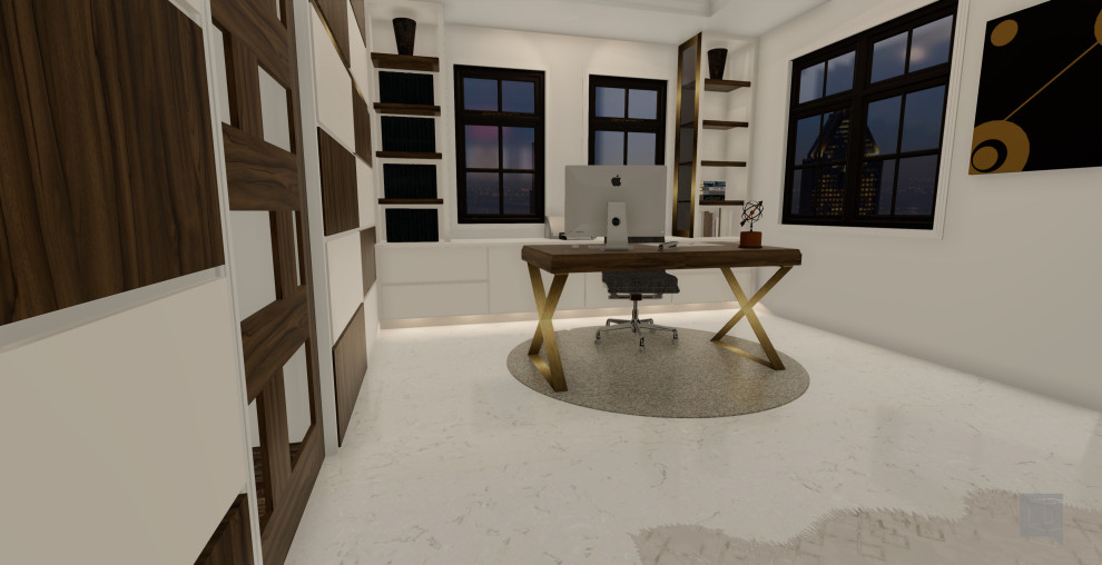 Design ideas for a mid-sized modern home office in Other with white walls, marble floors, a standard fireplace, a stone fireplace surround, a freestanding desk and white floor.