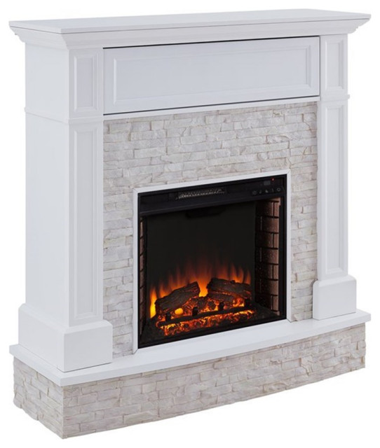 Bowery Hill Faux Stone Electric Fireplace TV Stand in White Finish