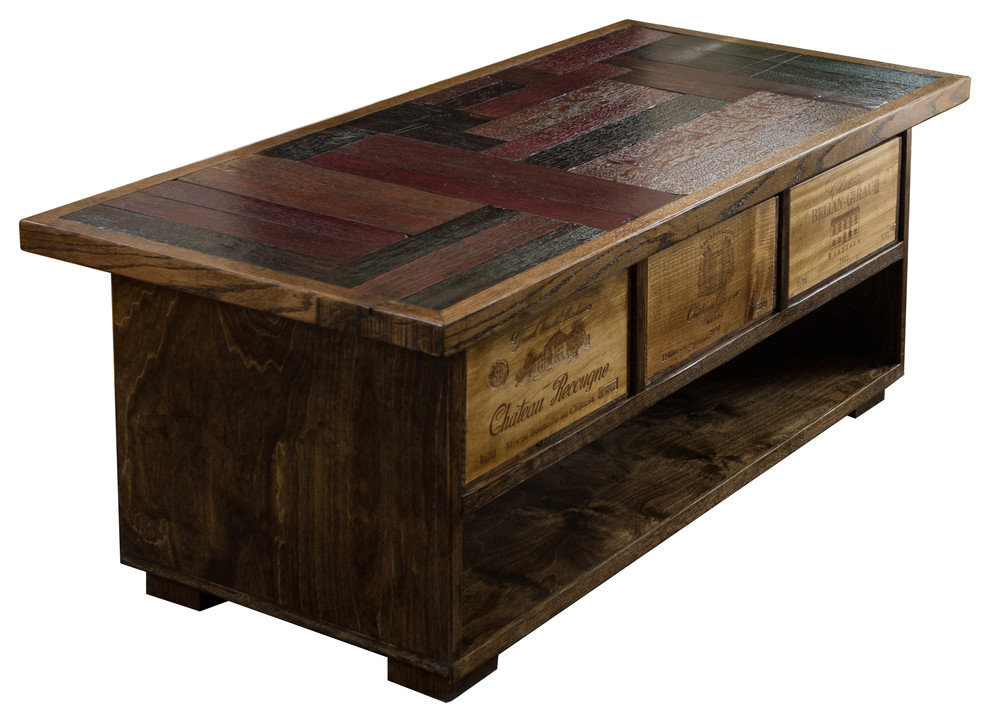 Wine Barrel Coffee Table With Vintage Wine Crate Drawers Rustic