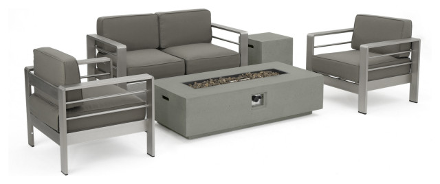 Coral Bay Outdoor Aluminum Khaki Chat Set With Fire Table, Light Gray