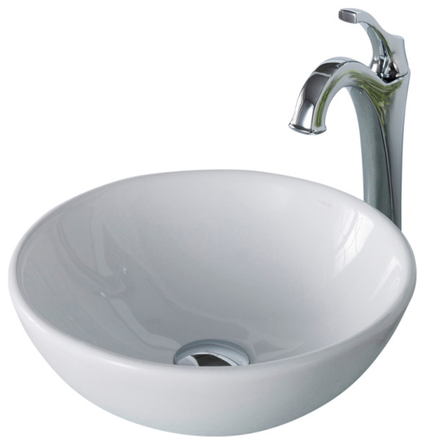 Elavo Round Ceramic Vessel Sink, Bathroom Arlo Faucet, Drain, Chrome