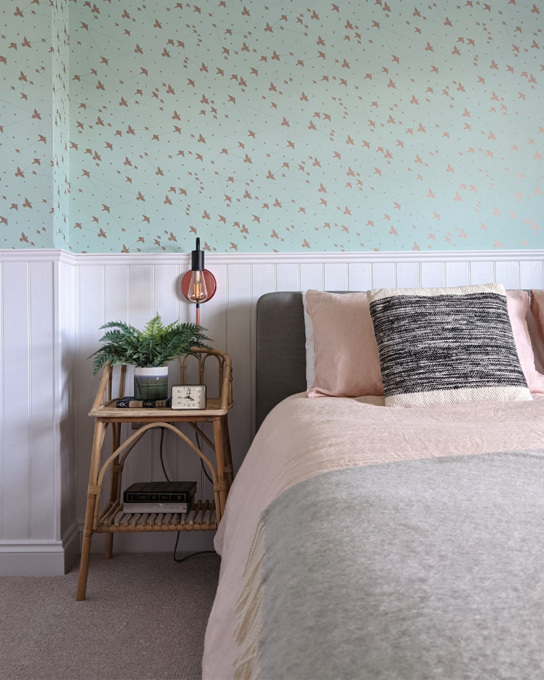 Photo of a medium sized midcentury master and grey and pink bedroom in Other with green walls, carpet, beige floors and tongue and groove walls.