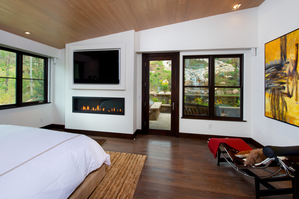 This is an example of a mid-sized contemporary master bedroom in Denver with white walls, dark hardwood floors, a ribbon fireplace and a metal fireplace surround.