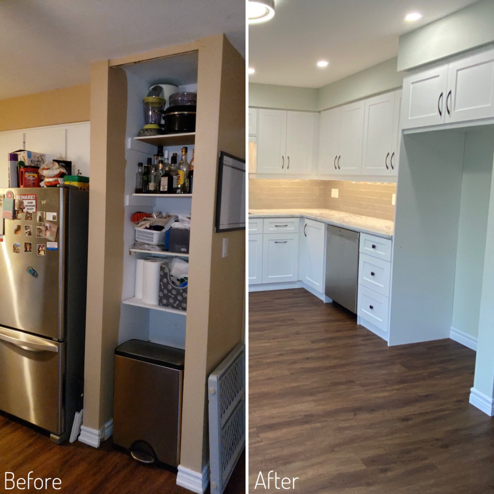 Inspiration for a mid-sized transitional galley vinyl floor eat-in kitchen remodel in Toronto with a drop-in sink, shaker cabinets, white cabinets, laminate countertops, gray backsplash and stainless steel appliances