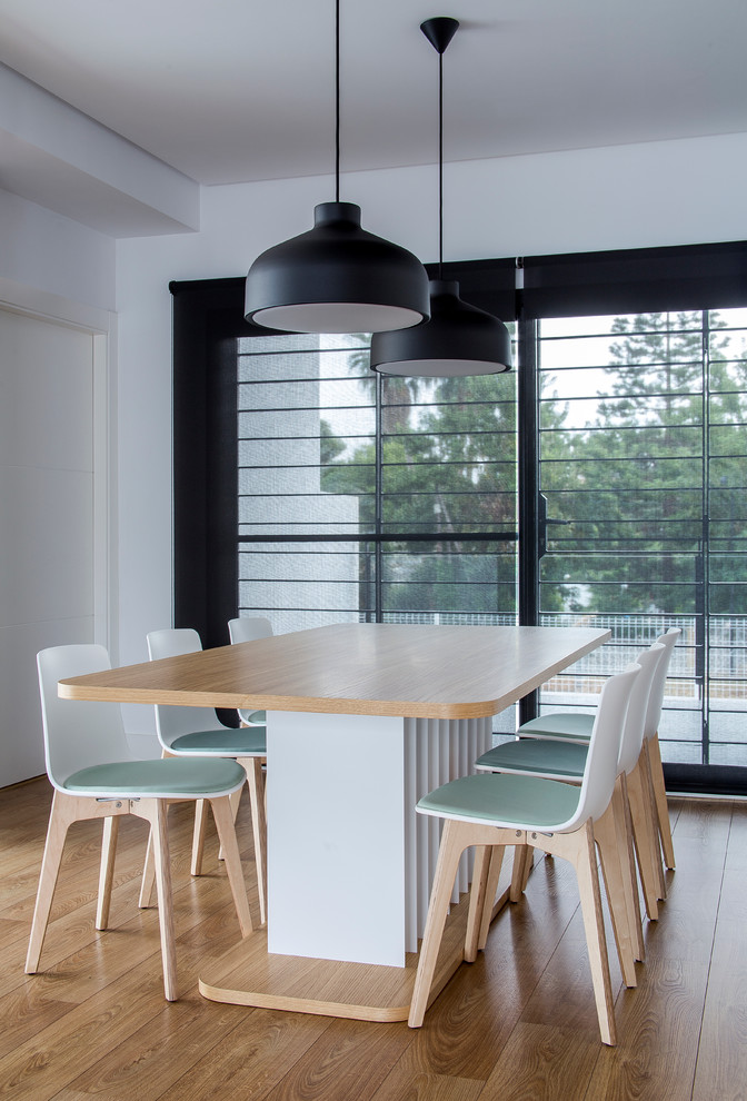 Modelo de comedor tradicional renovado de tamaño medio abierto con paredes blancas, suelo de madera en tonos medios y todas las chimeneas