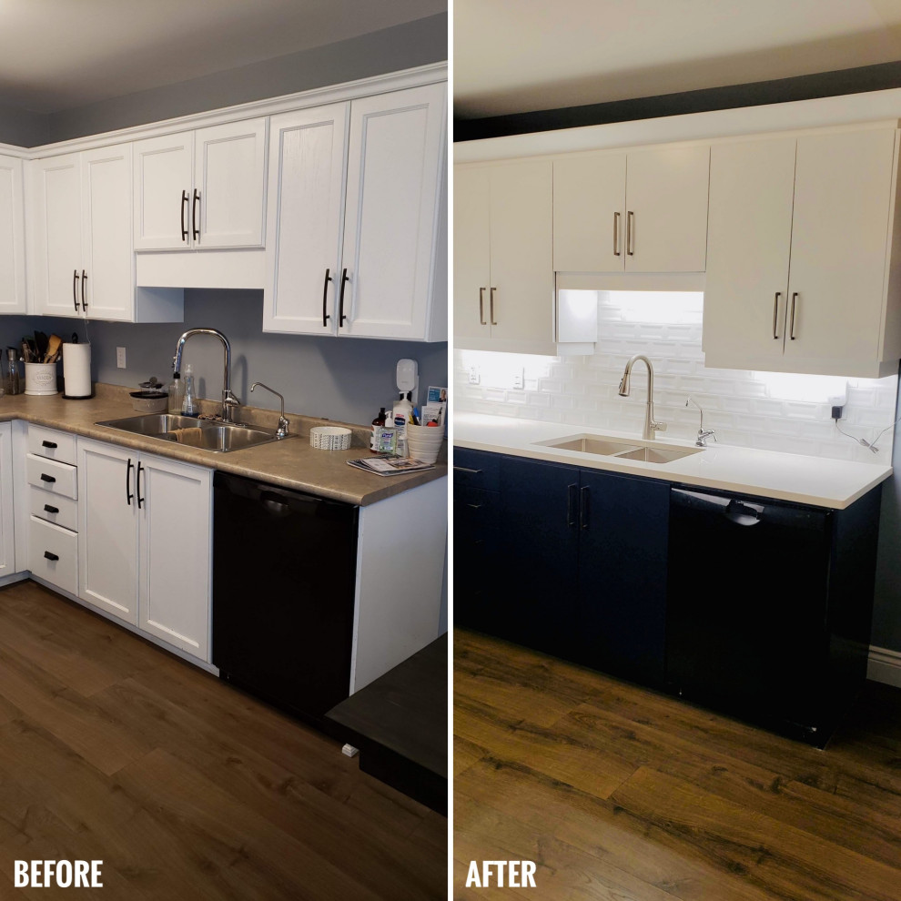 Example of a transitional u-shaped open concept kitchen design with an undermount sink, flat-panel cabinets, white cabinets, quartzite countertops, white backsplash, porcelain backsplash, no island and white countertops