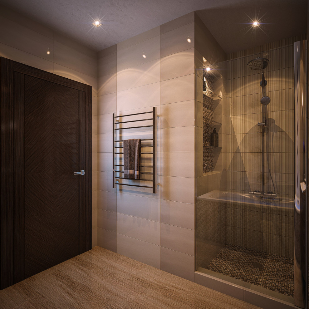 Exempel på ett mellanstort modernt badrum, med beige skåp, ett hörnbadkar, en hörndusch, beige kakel, keramikplattor, beige väggar och brunt golv
