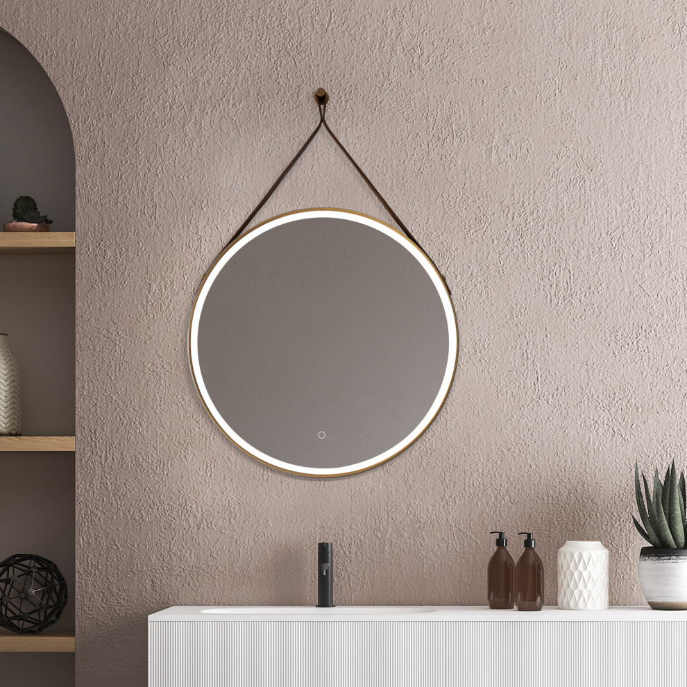 Roccia Round 28" Framed Bathroom/Vanity LED Lighted Wall Mirror, Brushed Gold