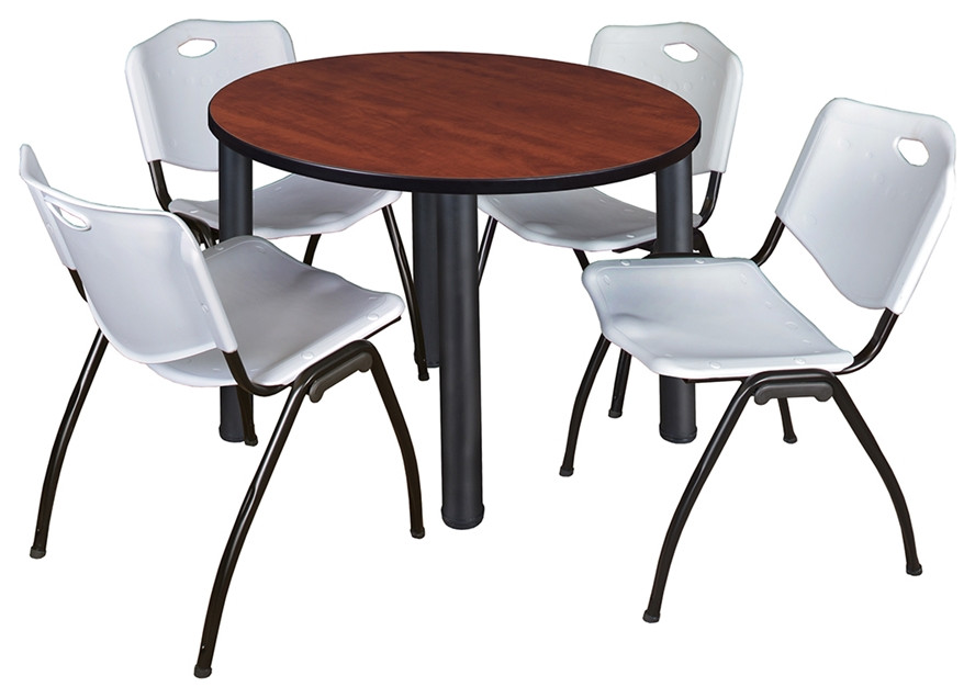Kee 42 Round Breakroom Table- Cherry/ Black & 4 'M' Stack Chairs- Grey