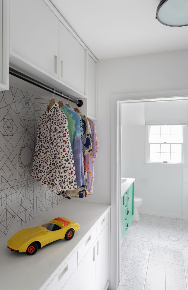 Bathroom - small scandinavian kids' white tile ceramic tile, white floor and double-sink bathroom idea in Boston with recessed-panel cabinets, white cabinets, a two-piece toilet, white walls, an undermount sink, quartz countertops, white countertops and a floating vanity