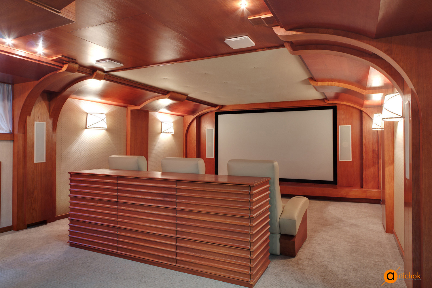 Дизайн домашнего кинотеатра в коричневом цвете