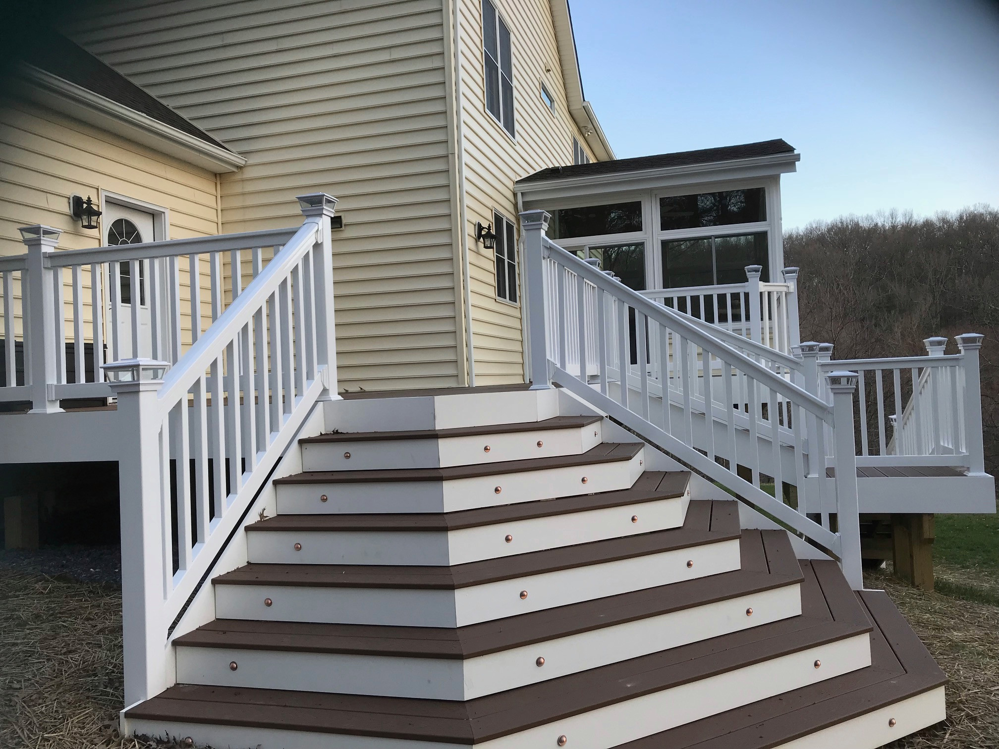 Custom Designed Deck - Vinyl Railings, Solar Post Caps & Stair Lights