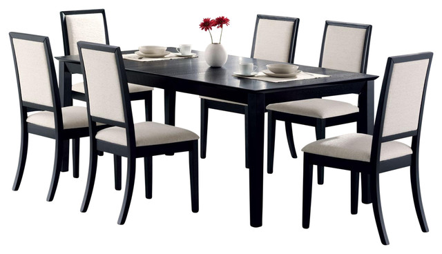 Lexton Dining Black Table With Square Legs 6 Creme Chenille Seats, 7-Piece Set