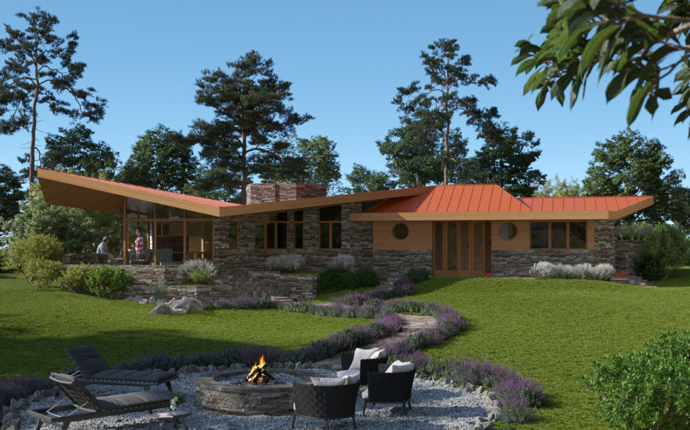 Идея дизайна: одноэтажный, разноцветный частный загородный дом среднего размера в стиле ретро с облицовкой из камня, полувальмовой крышей, металлической крышей, красной крышей и отделкой доской с нащельником
