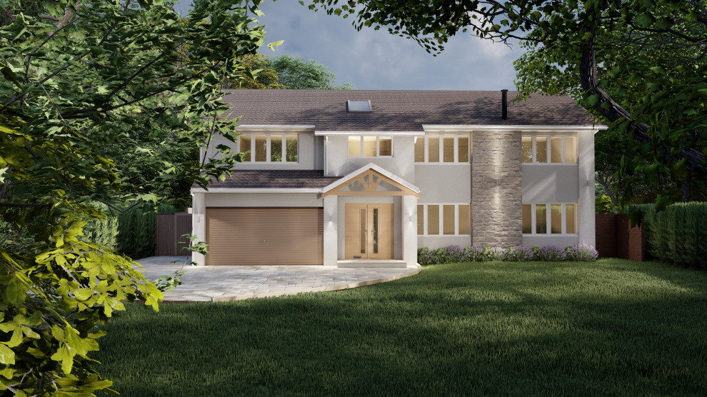 Inspiration pour une grande façade de maison blanche traditionnelle en stuc à un étage avec un toit à deux pans, un toit en tuile et un toit marron.