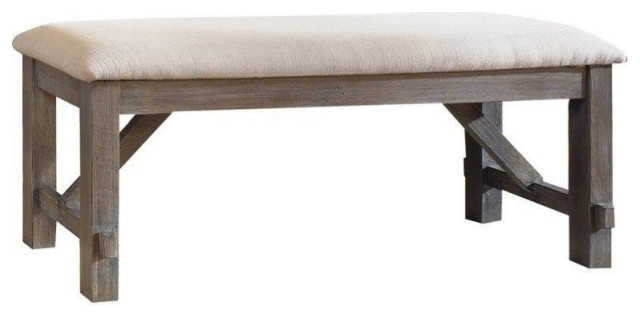 Linon Turino Sturdy Wood Bench Tan Upholstered Seat in Grey Oak Stain