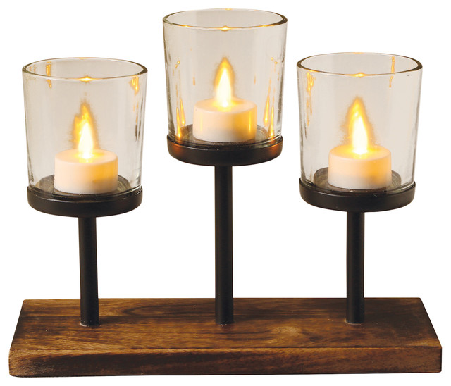 Knighton Triple Votive Candle Holder 3 Metal Pedestals On Wooden Bar
