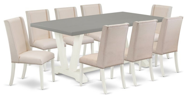 East West Furniture V-Style 9-piece Wood Dining Set in Linen White/Cream/Cement