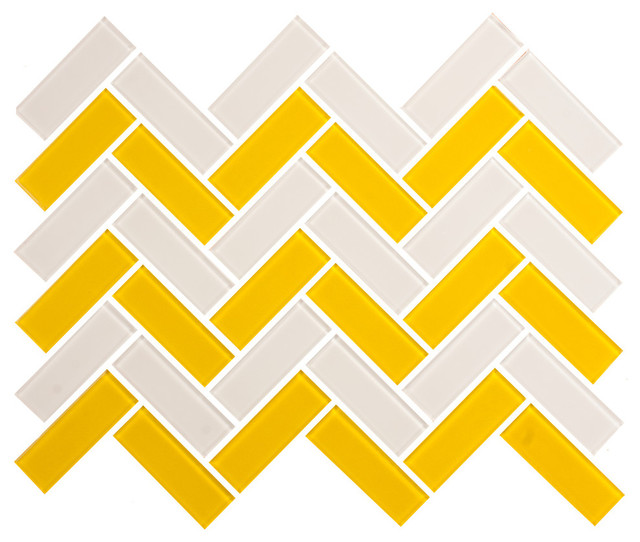 13"x13.25" Herringbone White and Yellow Glass Tile, Sheet