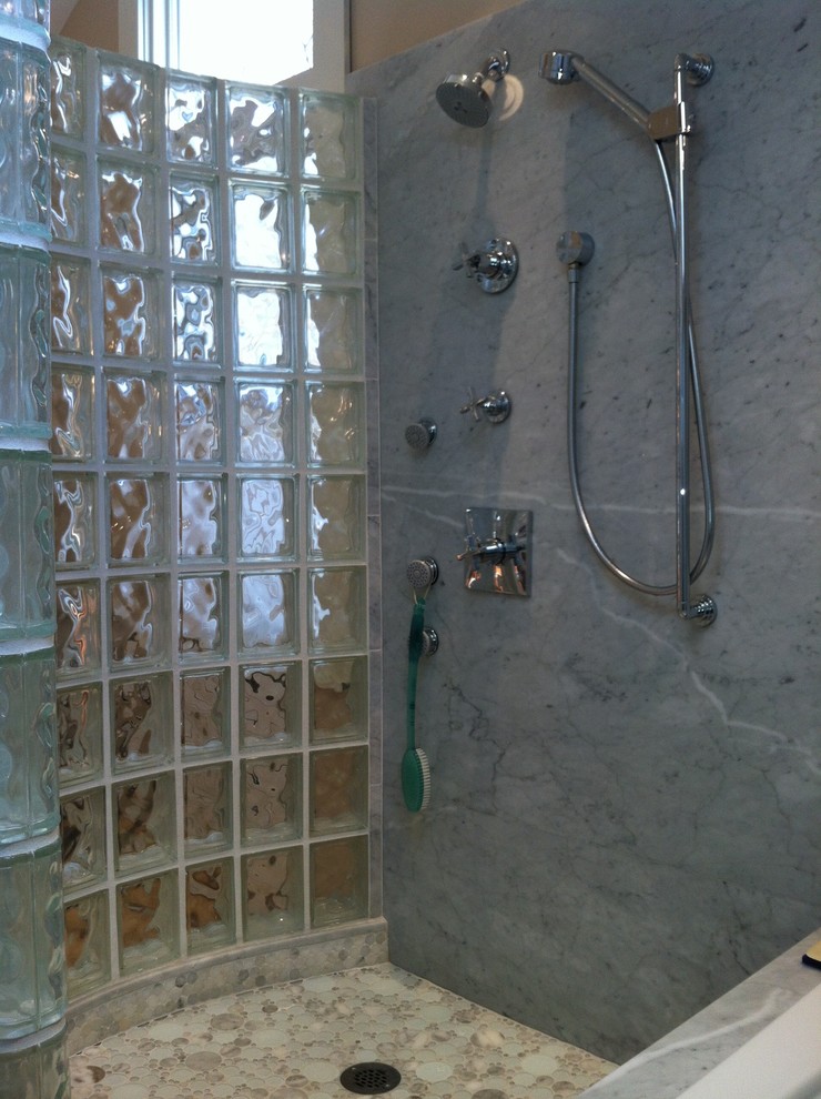 Corner shower - transitional white tile corner shower idea in Boston