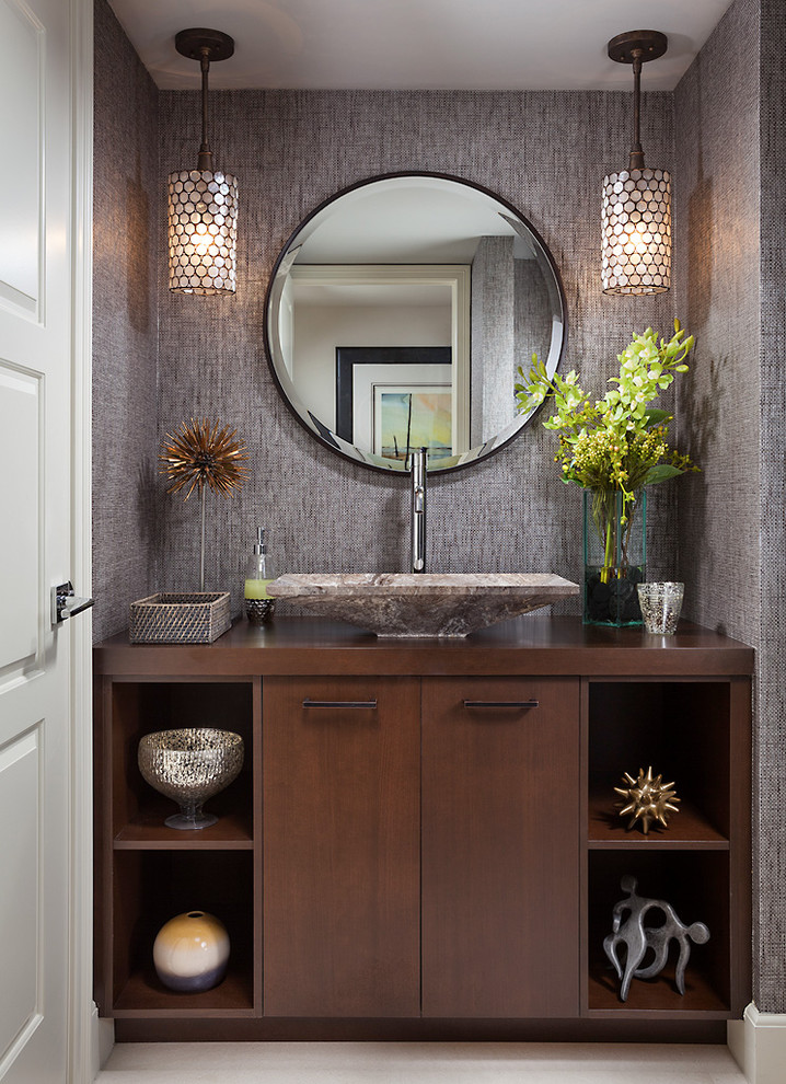 Transitional powder room in Miami with a vessel sink.