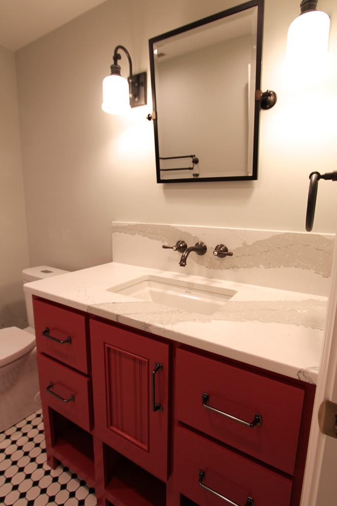 Photo of a small transitional 3/4 bathroom in Omaha with red cabinets, an alcove shower, black and white tile, subway tile, grey walls, ceramic floors, a drop-in sink and engineered quartz benchtops.