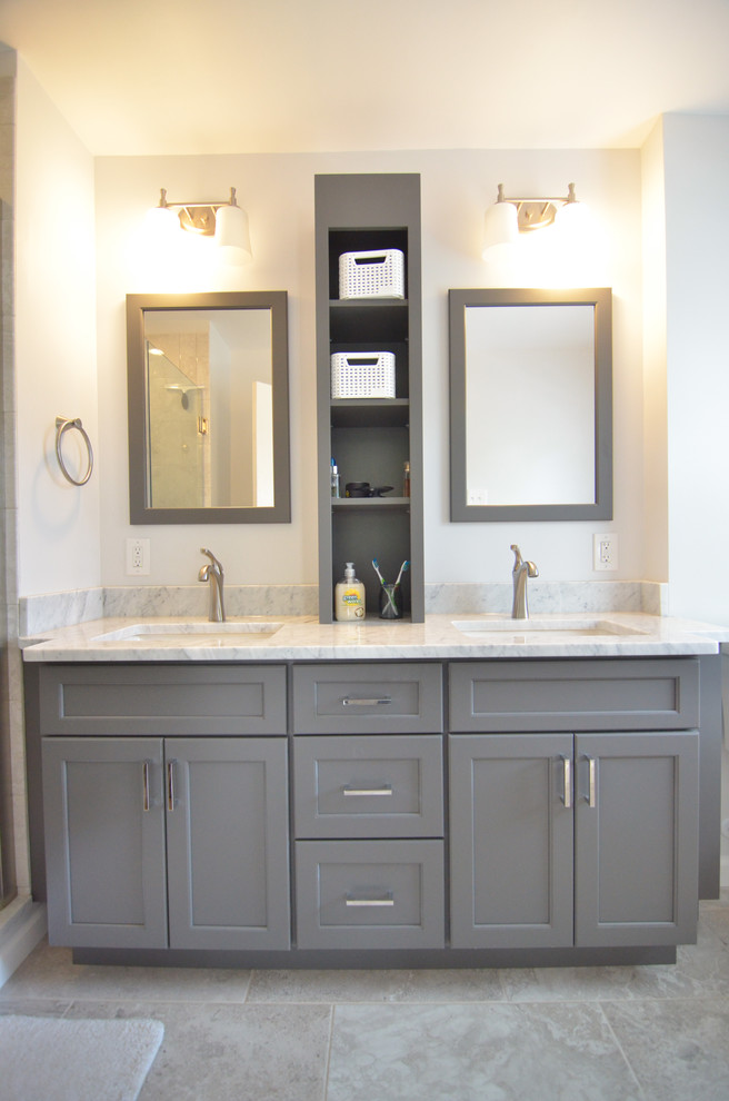 Mid-sized transitional master bathroom in Philadelphia with an undermount sink, shaker cabinets, grey cabinets, marble benchtops, an alcove shower, gray tile, ceramic tile, white walls and ceramic floors.