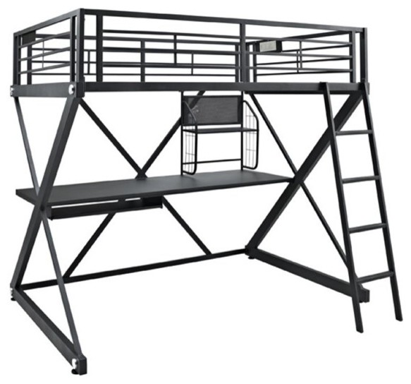 Linon ZBedroom Full Size Metal Study Loft Bunk Bed in Black Industrial Loft Beds by