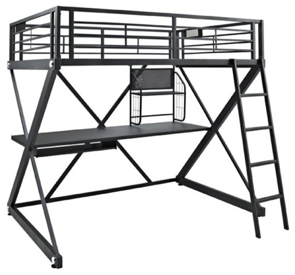 Linon Z-Bedroom Full Size Metal Study Loft Bunk Bed in Black
