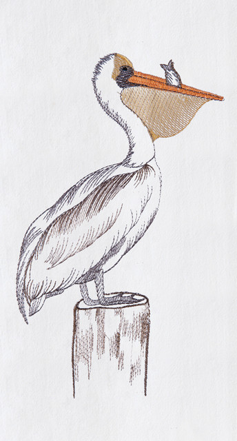 Coastal Bird Pelican on Pier Piling Flour Sack Kitchen Towel 27 Inch
