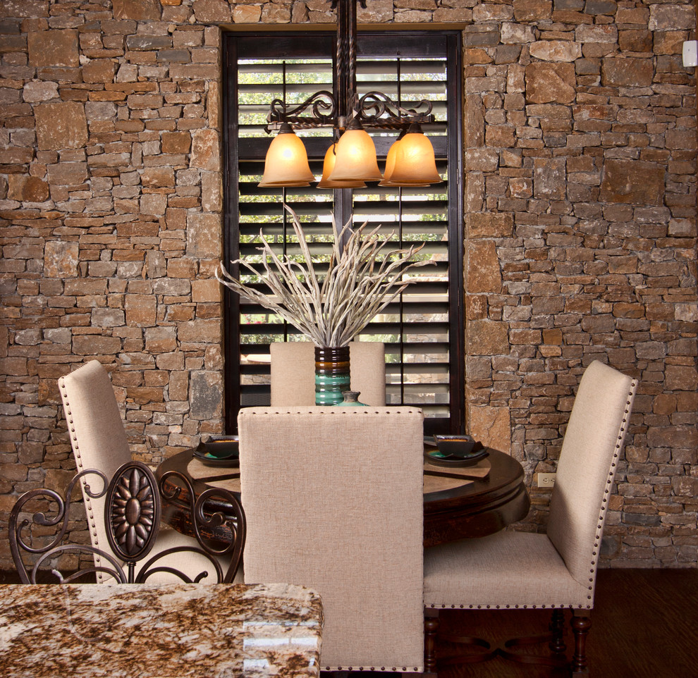 Mid-sized transitional dark wood floor and brown floor kitchen/dining room combo photo with brown walls