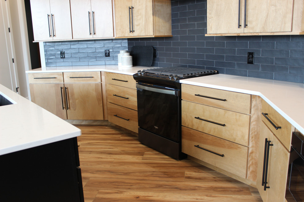 Kitchen Angled View Angled Kitchen Design with Slab Style Cabinets in Pecan Stain ...