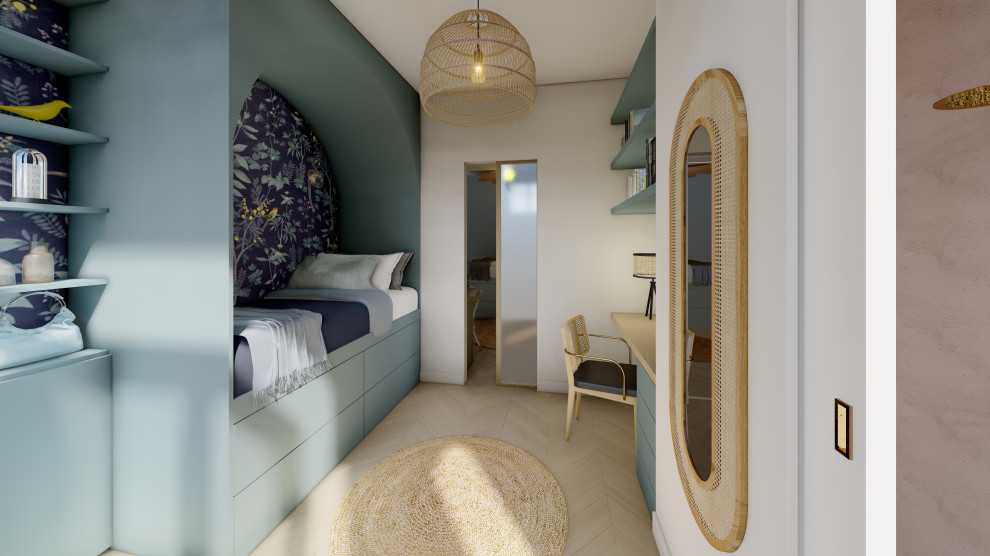 This is an example of a small contemporary gender-neutral kids' bedroom for kids 4-10 years old in Paris with blue floor.
