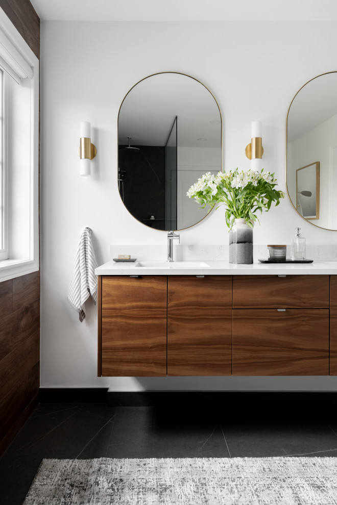 Design ideas for a medium sized contemporary ensuite bathroom in Montreal with flat-panel cabinets, dark wood cabinets, a built-in shower, a one-piece toilet, brown tiles, wood-effect tiles, white walls, a submerged sink, engineered stone worktops, an open shower, white worktops, double sinks and a floating vanity unit.