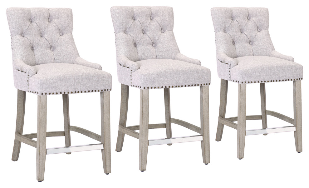 Hayes 24" Upholstered Tufted Wood Bar Stool (Set of 3), Antique Gray