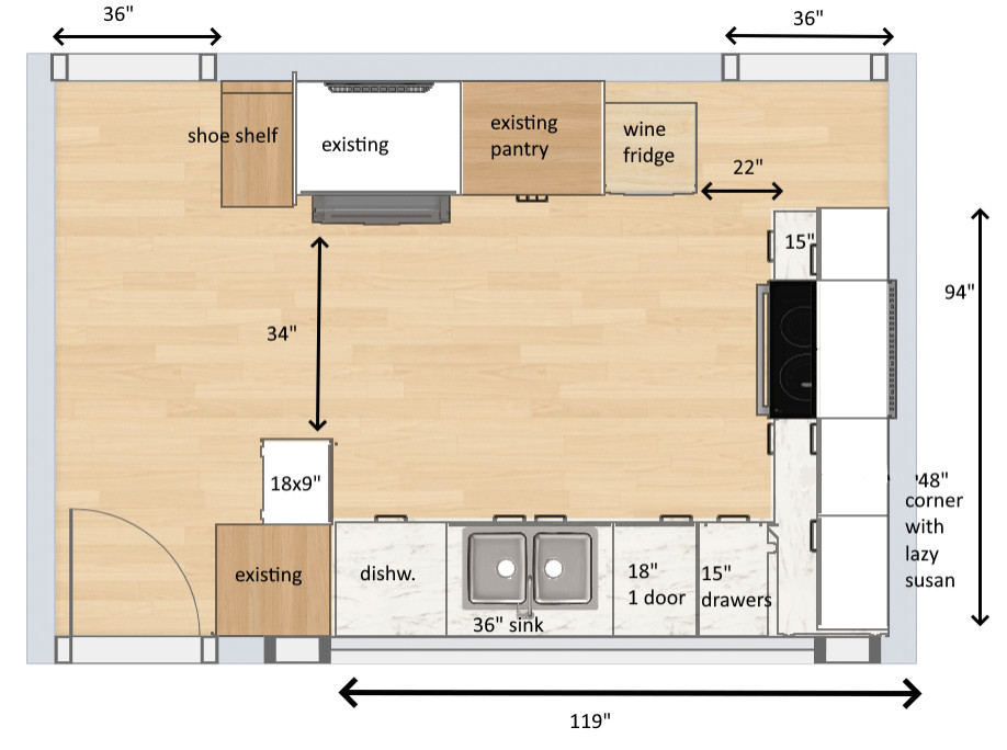 Corner layout drawers, doors?